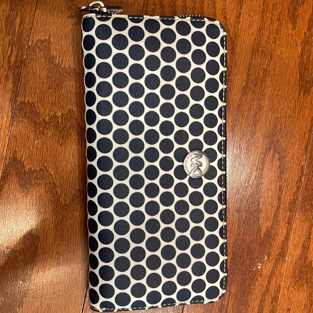 MK wallet navy and white with silver hardware